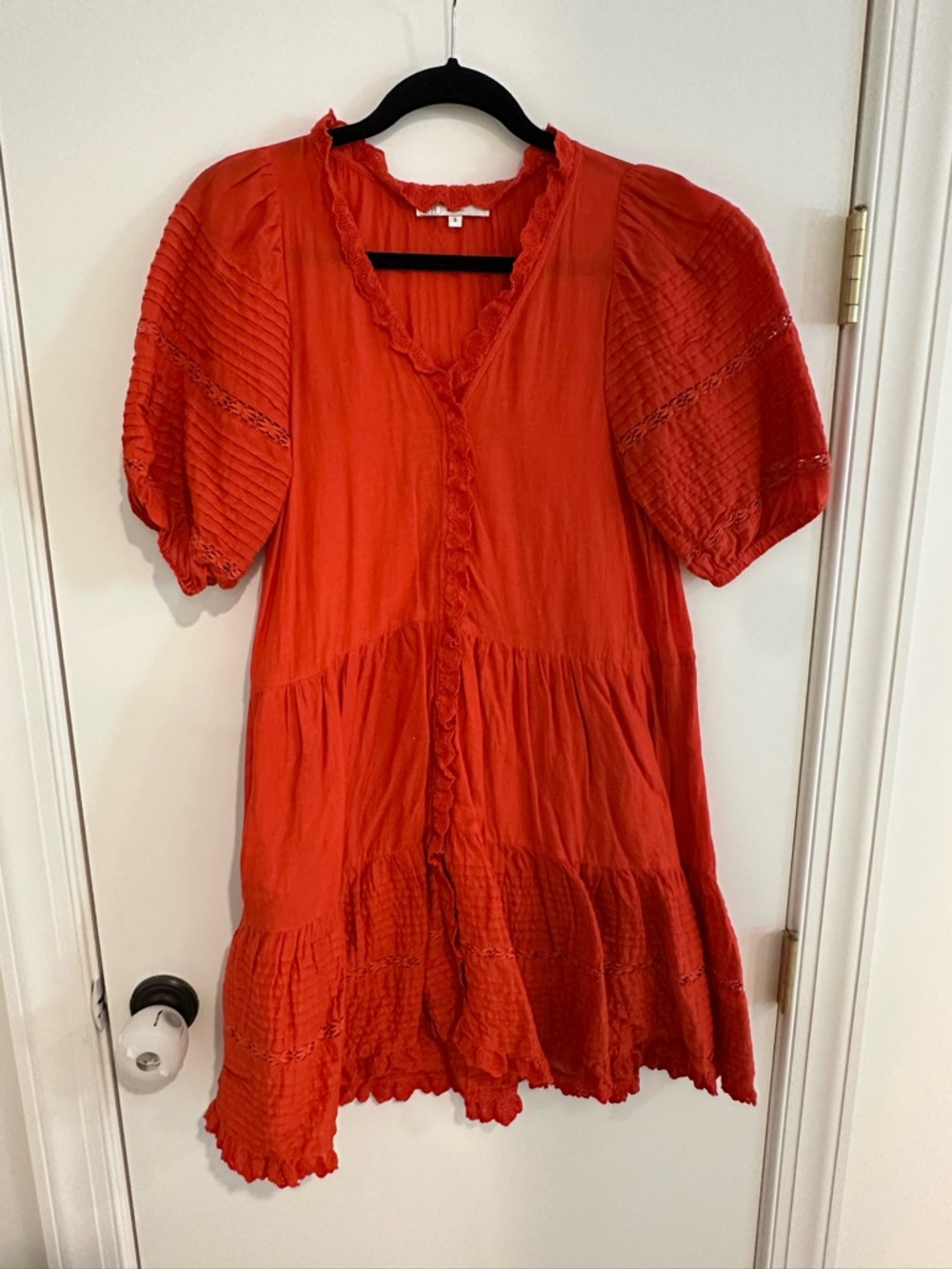 Sea New York Red Puff-Sleeve Tiered Mini Dress
